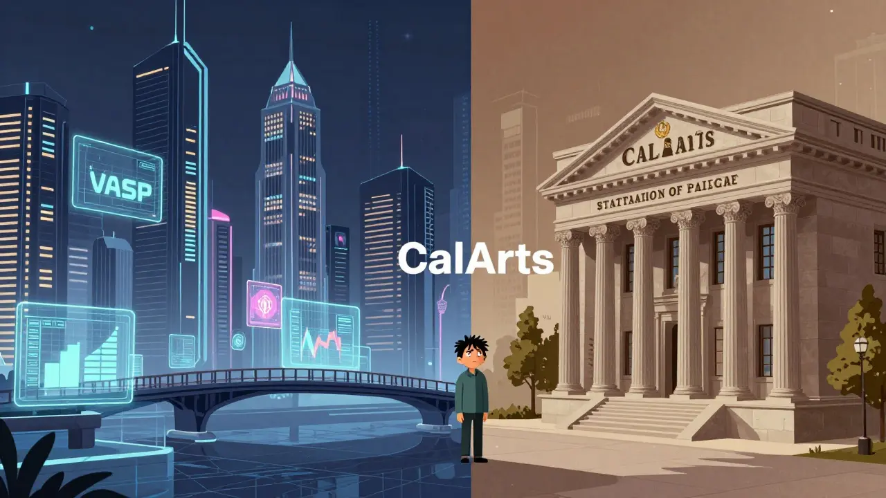 A person caught between a futuristic crypto hub and a traditional stone bank building.