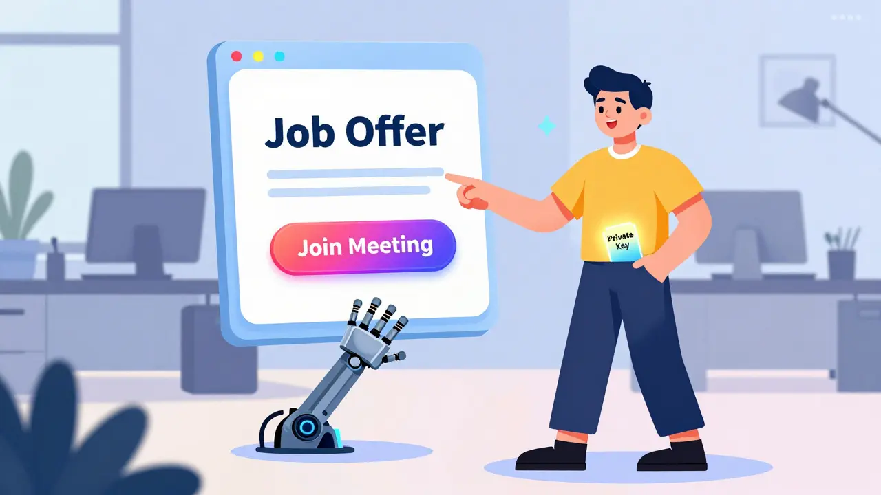 A person clicking a fake job meeting button while a robotic arm steals their private key