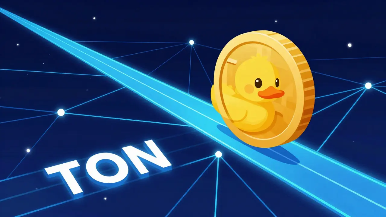A small yellow duck surfing on a gold coin across a glowing blue blockchain network.