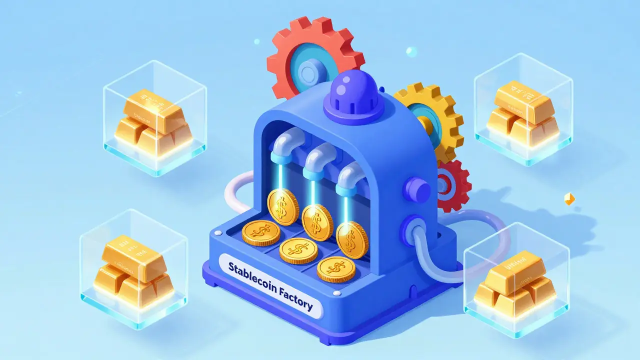 A whimsical digital factory producing various local currency stablecoins with visible collateral.