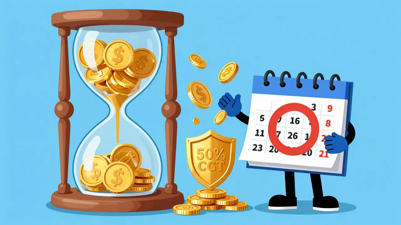 An hourglass showing the tax benefit of holding crypto for 12 months