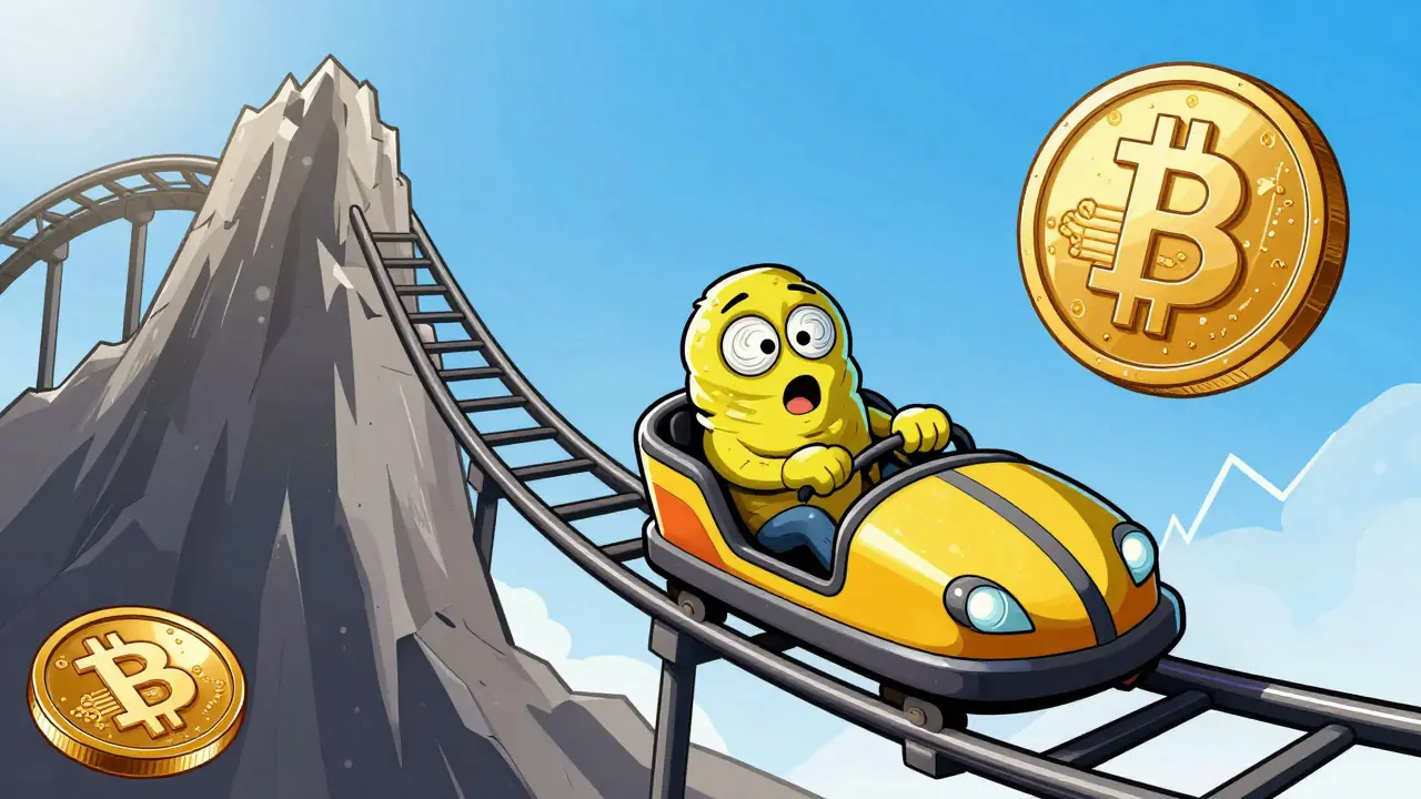 B.O.B the Blob riding a rollercoaster shaped like a volatile crypto price chart.
