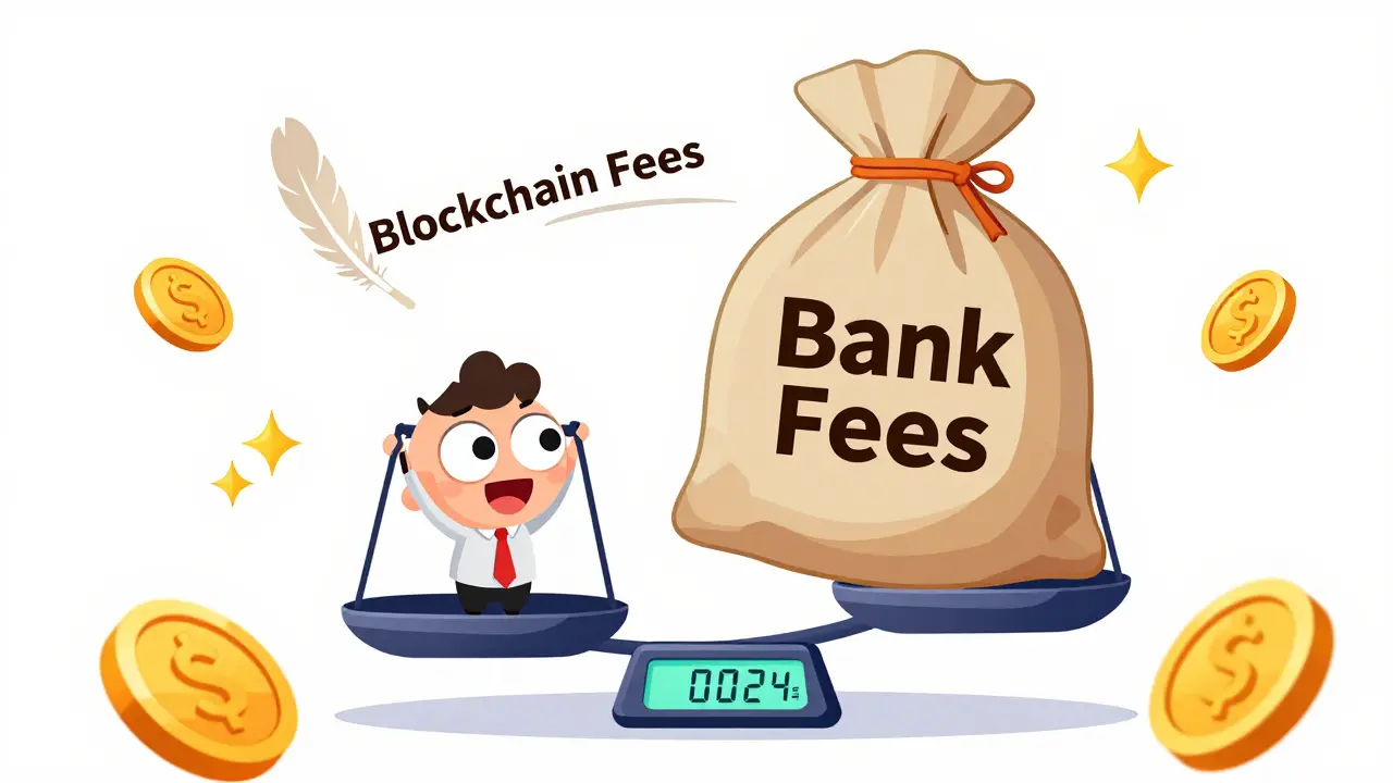 Business owner happily seeing traditional bank fees replaced by low blockchain costs.