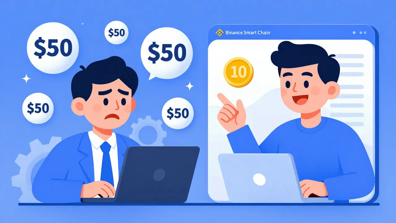 Comparison cartoon showing a frustrated trader with high fees versus a happy trader with low fees.