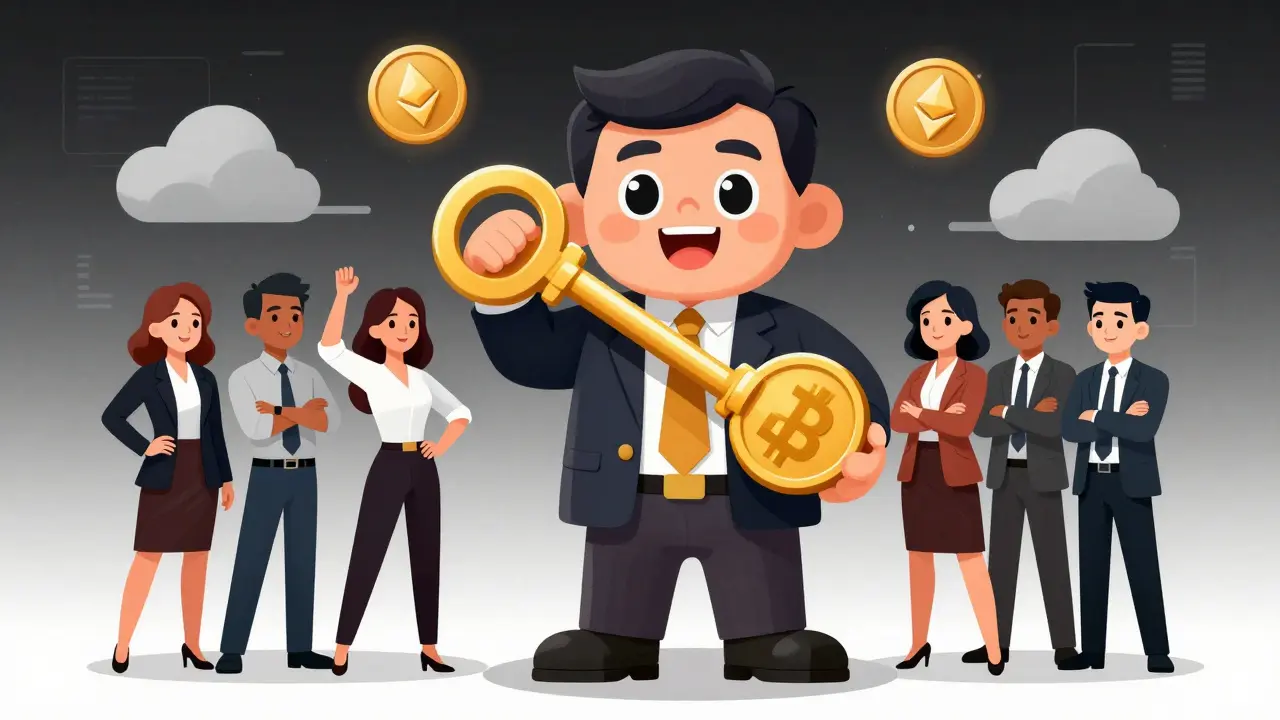 Crypto business owners and investors meeting with a financial authority representative.