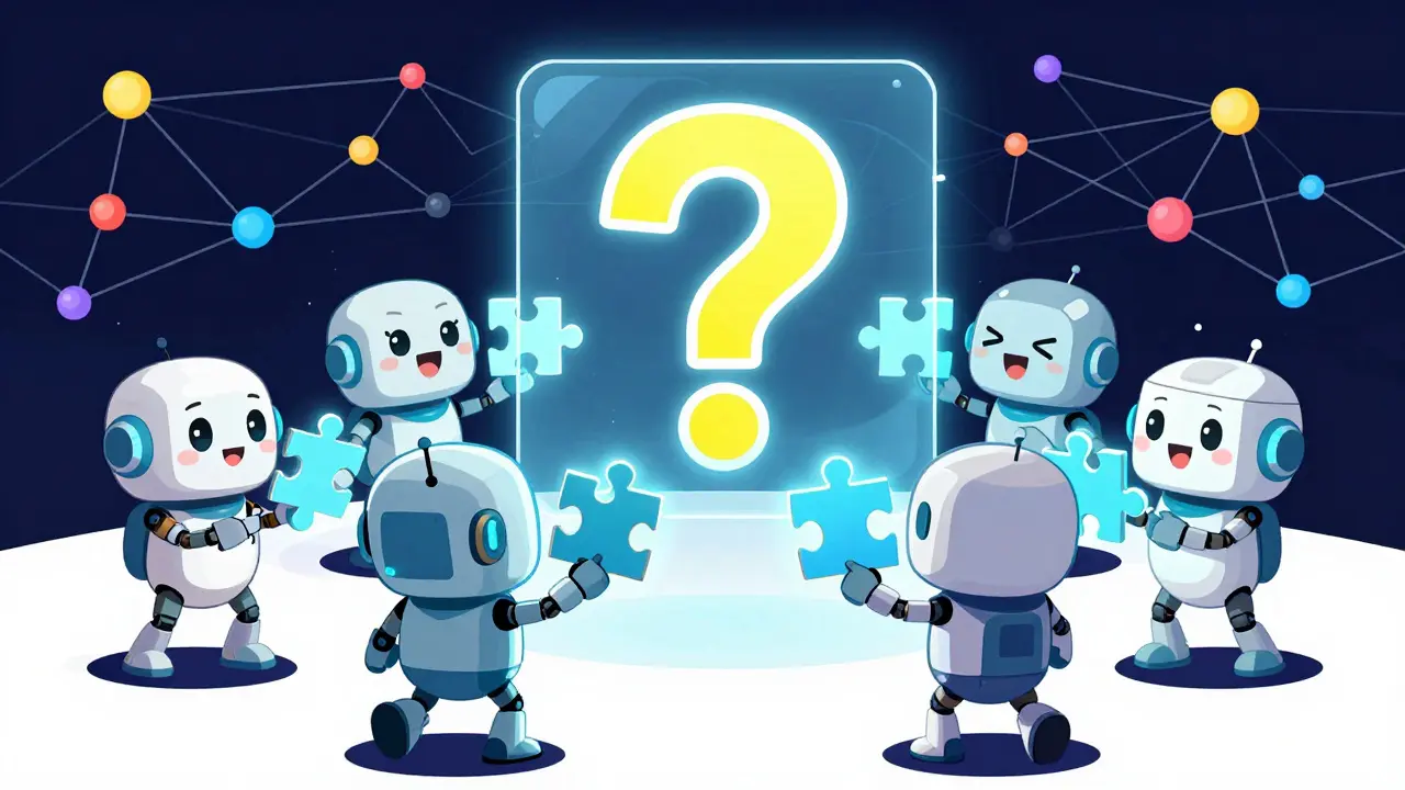 Cute AI robots competing with machine learning models in a colorful digital arena