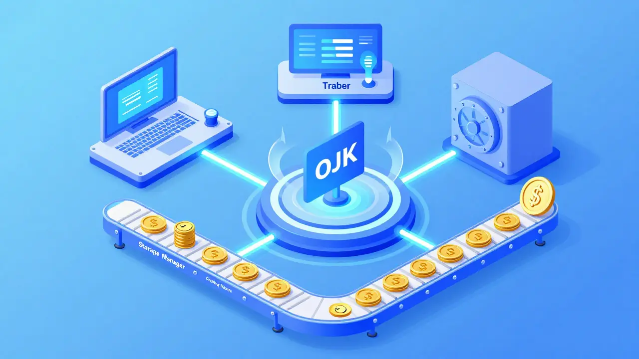 Diagram of the OJK crypto ecosystem including traders, storage managers, and clearing houses.