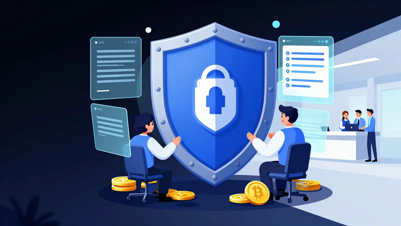 Digital shield protecting crypto data and assets with security team monitoring screens