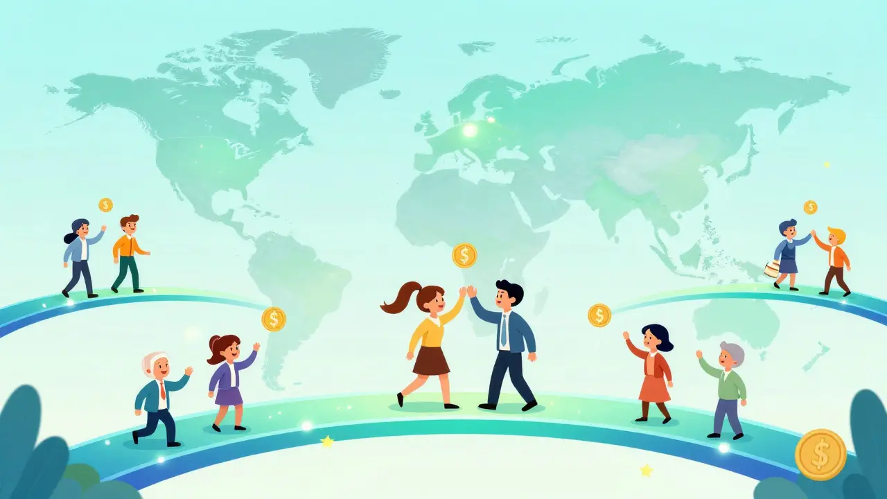 Global map showing instant stablecoin payments connecting people across different continents.