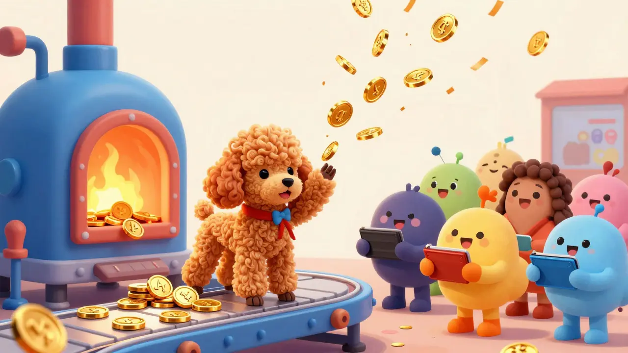 Illustration of tokens being burned and distributed to holders in a whimsical factory