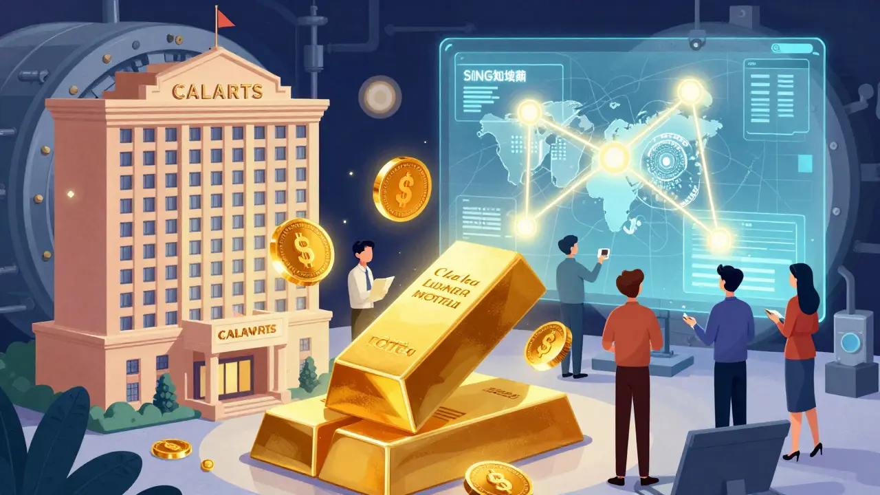 Illustration showing real-world assets like gold and hotels turning into digital tokens in Singapore.