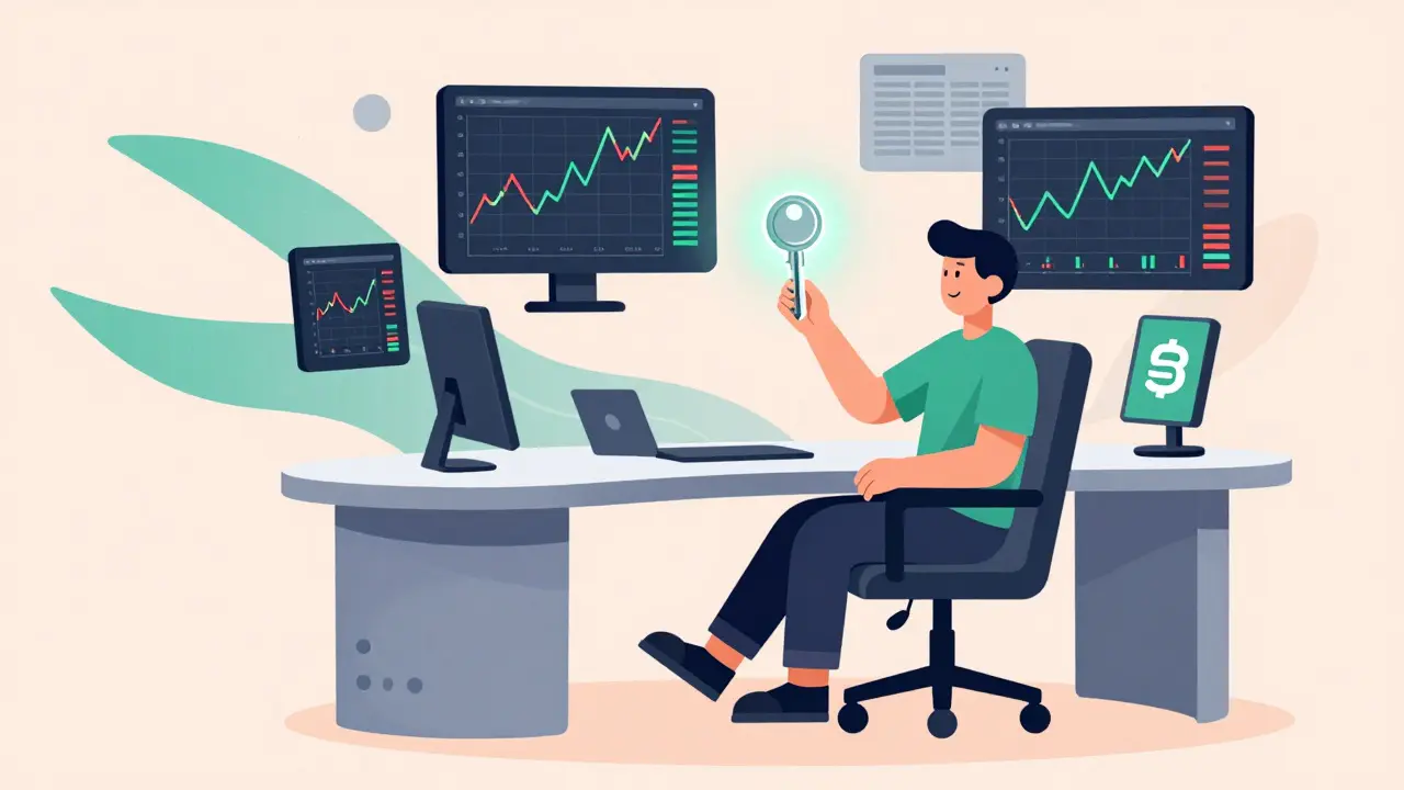 Illustrative scene of a trader holding a digital key with floating professional trading charts.