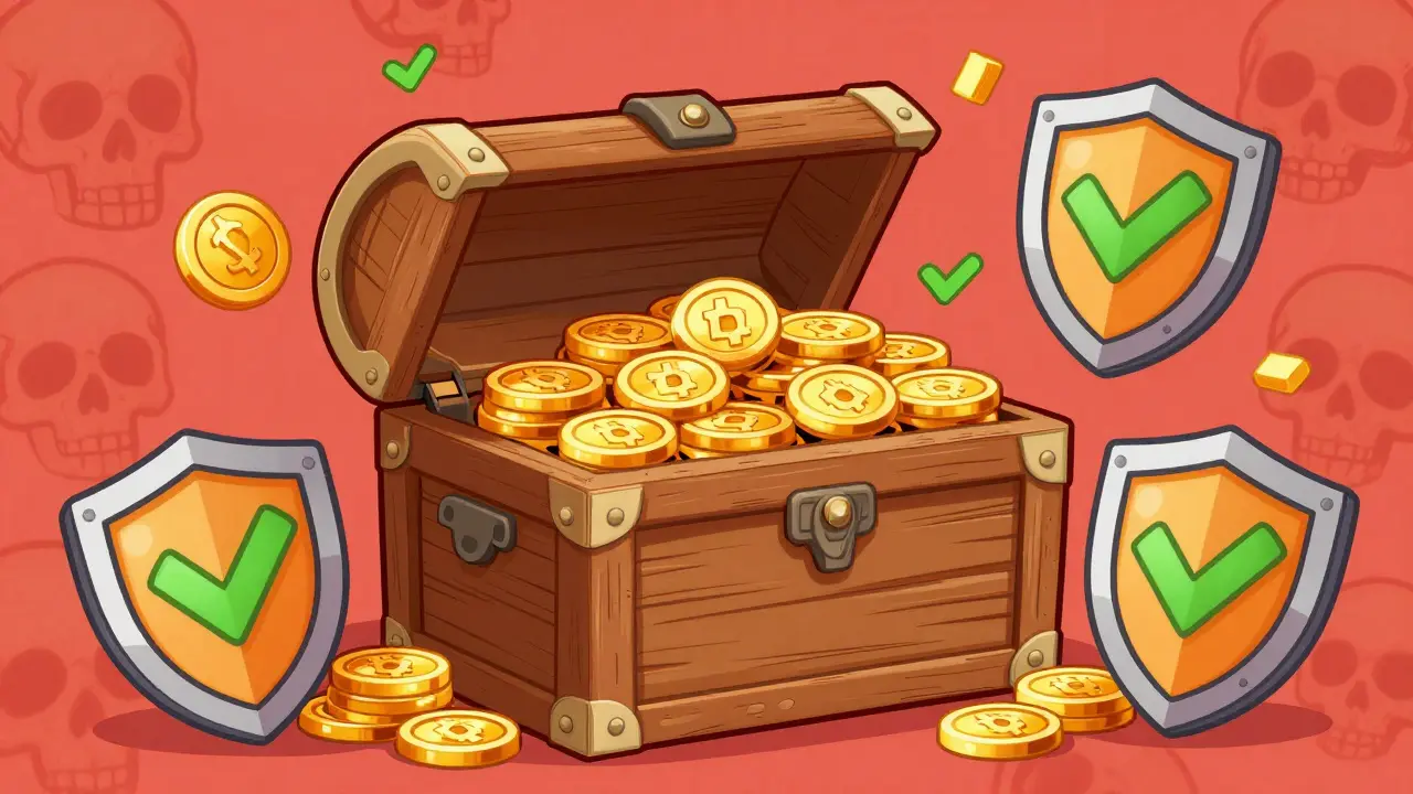 Open treasure chest with coins near security shield icons.