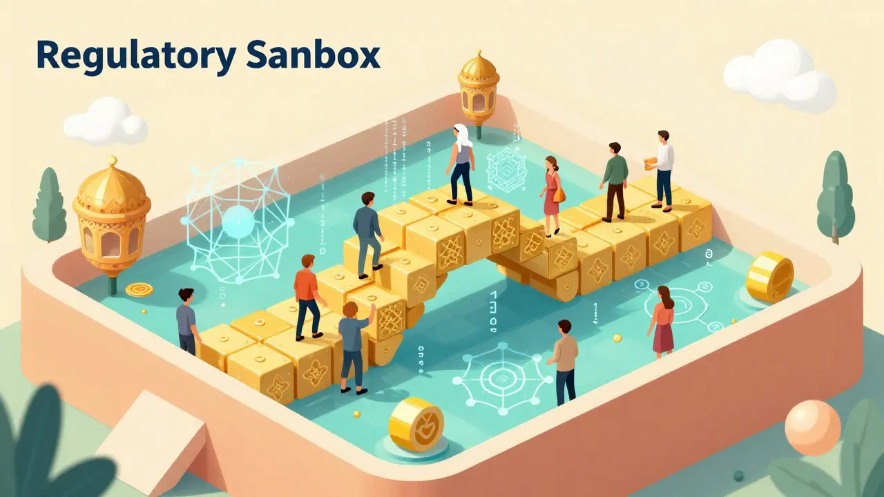 People building a blockchain structure with Islamic patterns in a colorful regulatory sandbox.