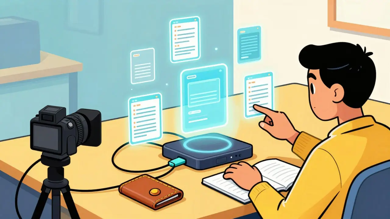 Person studying floating cards while connecting a secure wallet.