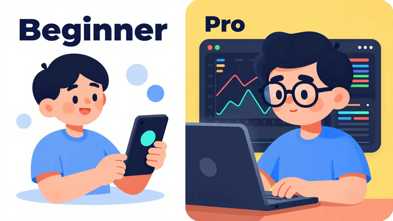 Split scene showing a beginner and a pro trader using different app interfaces