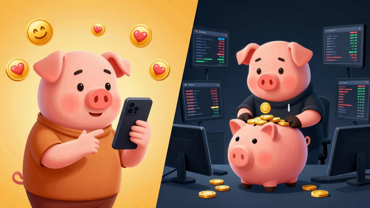 Split screen showing a friendly chat and a scammer monitoring fake trading charts