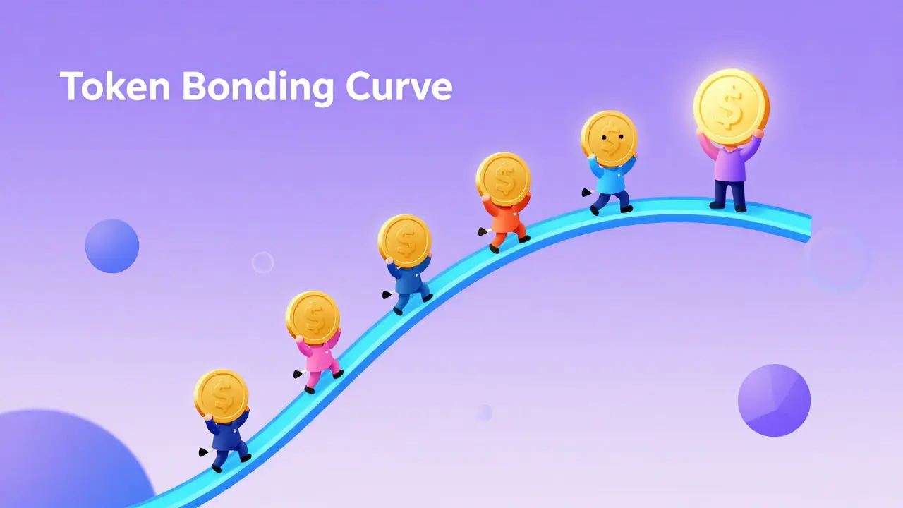 Stylized characters climbing a glowing blue mathematical curve representing a token bonding curve.