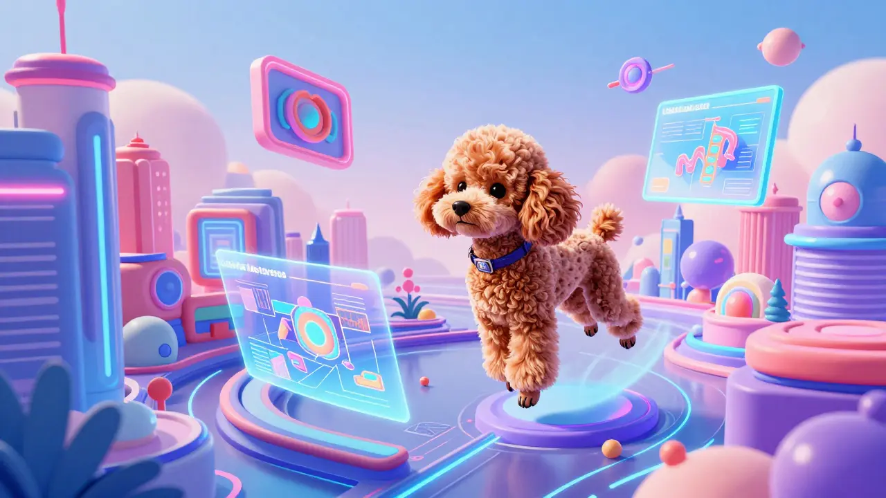 Stylized poodle avatar exploring a colorful, neon-lit virtual metaverse city