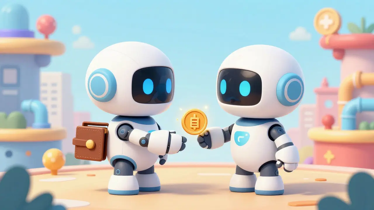 Two small AI agent robots exchanging a micro-payment in a whimsical digital city