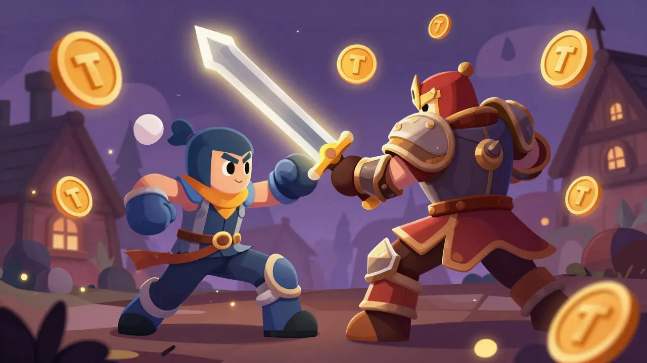 Two stylized brawlers fighting in a gothic village with golden tokens floating around.