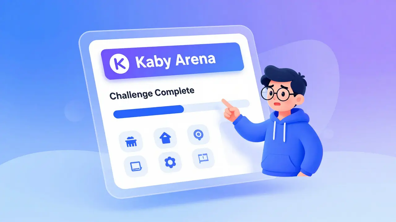 A character pointing at a holographic screen showing a completed challenge.