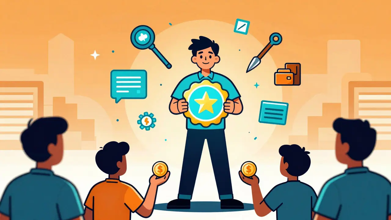 A developer with a reputation badge stands prominently among passive token holders in a colorful scene.
