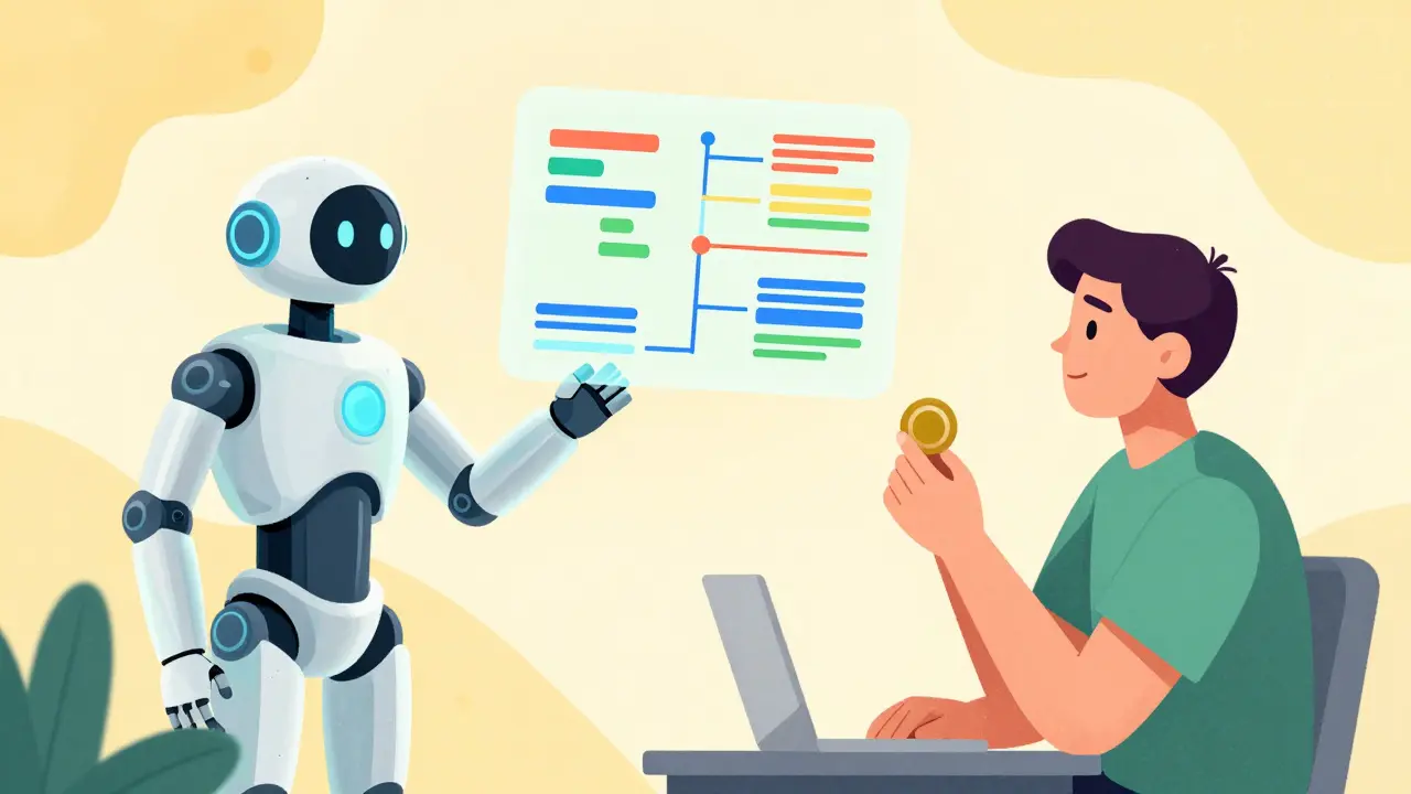 A friendly AI robot assistant helps a human user understand complex data through a clear projection.