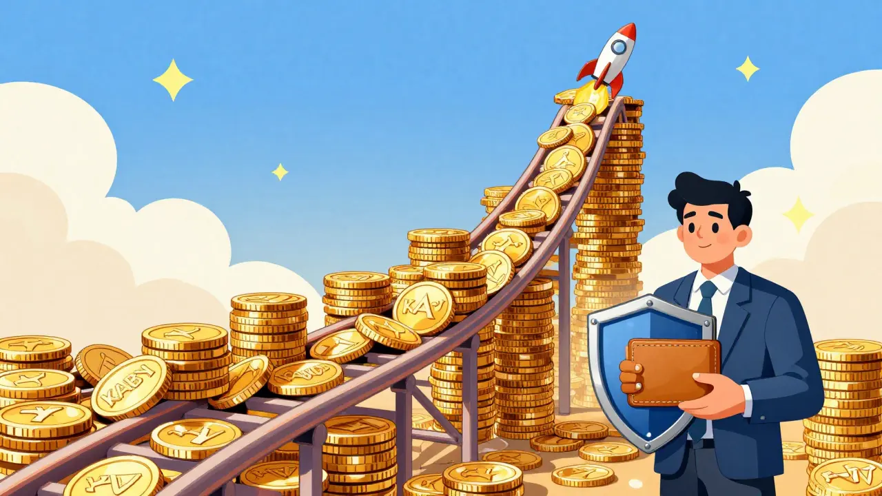 A rollercoaster track made of rising crypto coins with a rocket launching.
