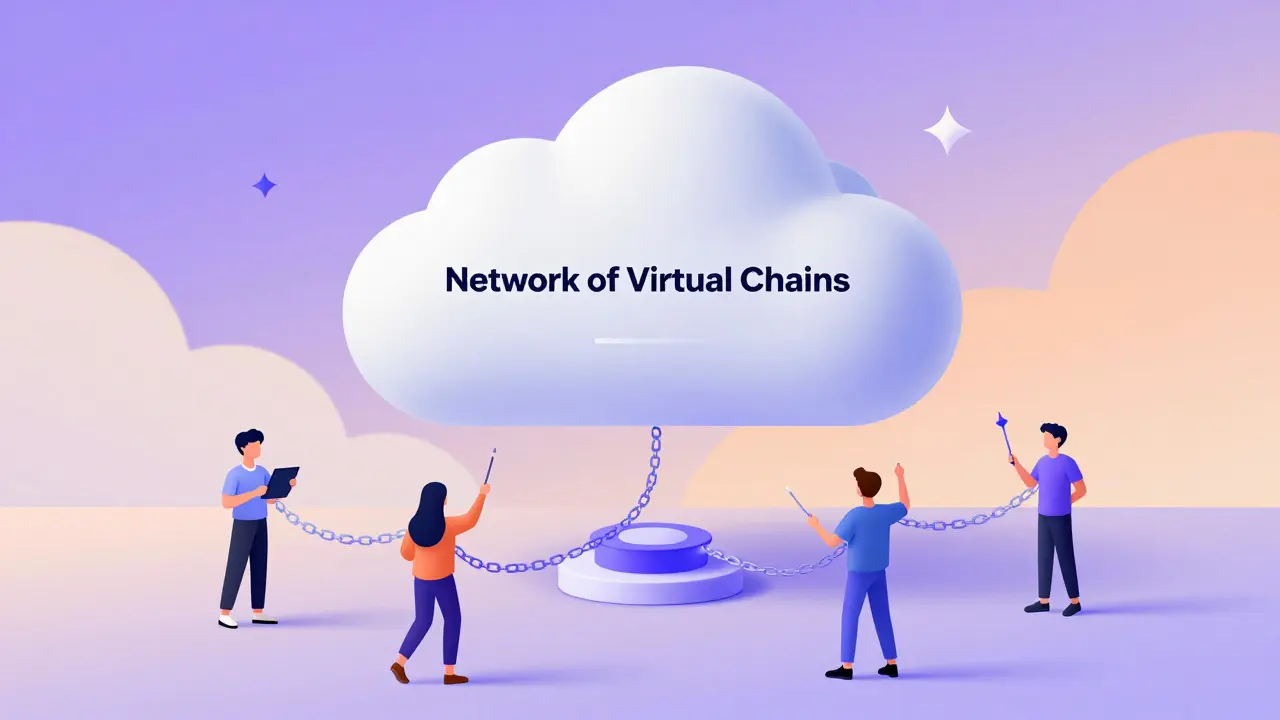 Artistic view of developers launching virtual chains on Aurora Cloud