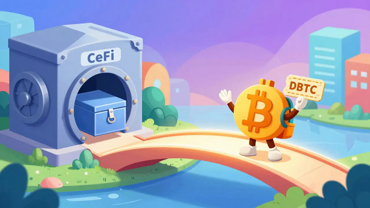 Bitcoin crossing a bridge between centralized and decentralized finance