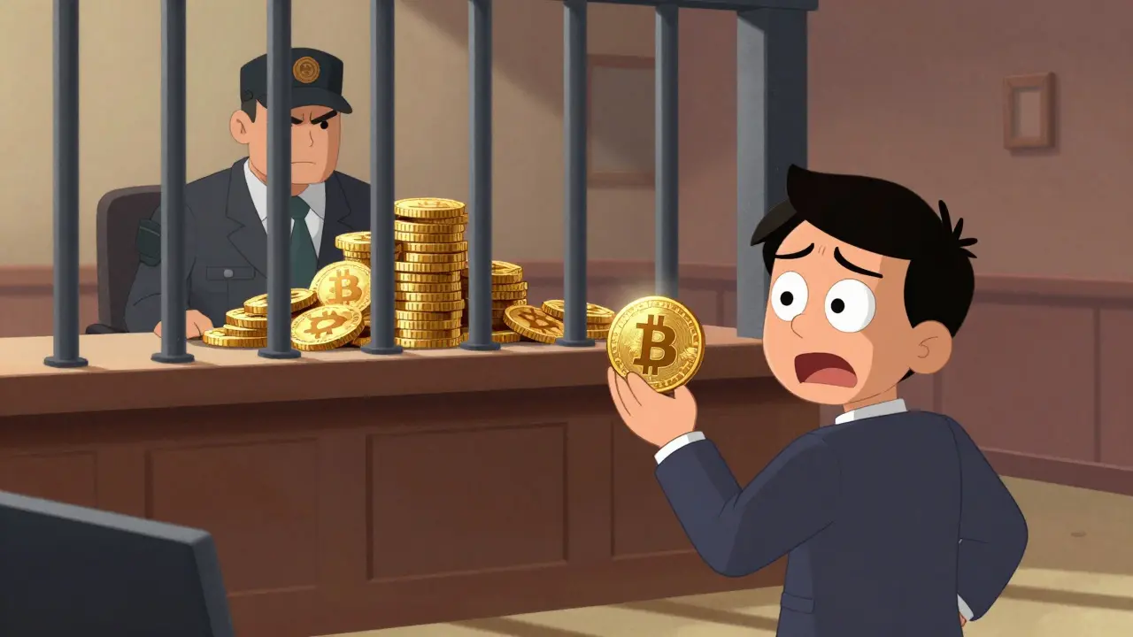 CalArts style scene of seized Bitcoin behind bars while holder waits for recovery