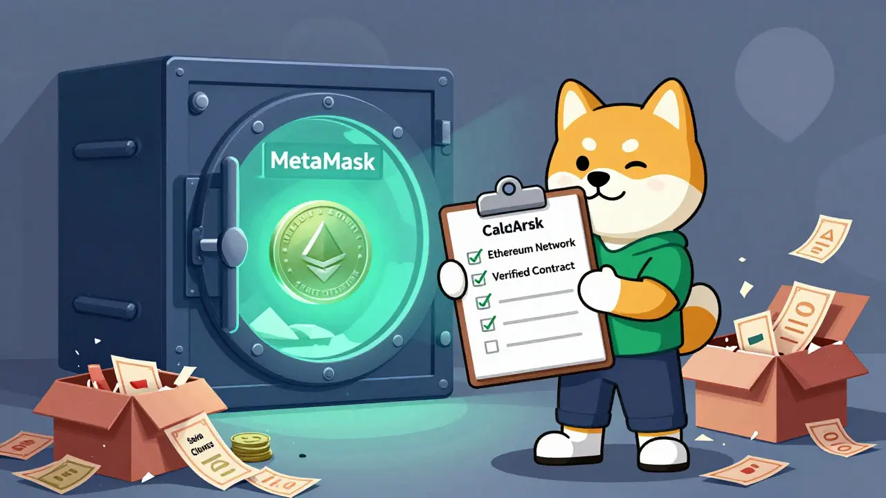 Cartoon character checking security list with safe wallet vs chaotic clone tokens