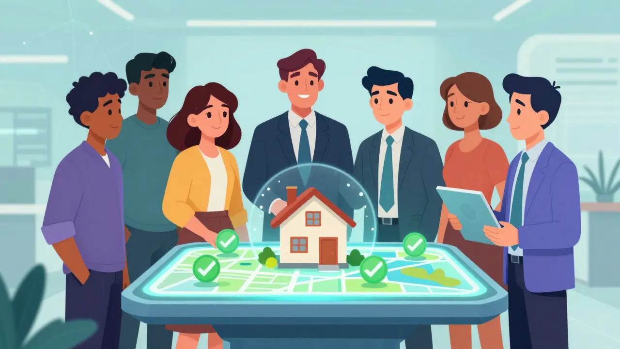 Cartoon characters collaborating around a secure digital property registry map.