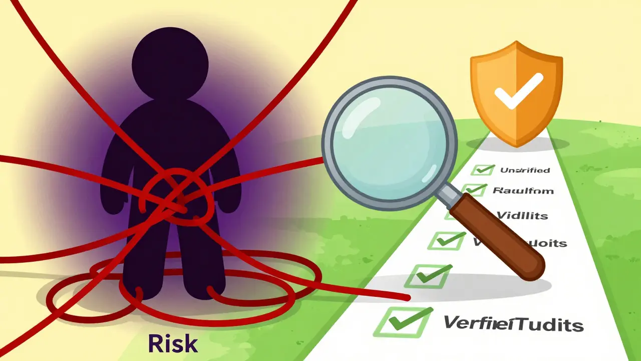 Cartoon comparison of risky unverified crypto platforms versus safe regulated options