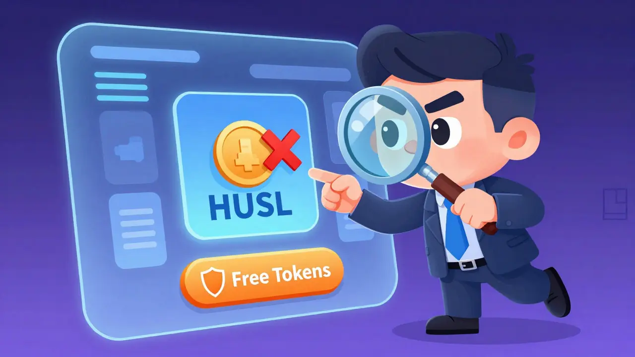 Cartoon detective examining a blockchain contract to spot a crypto scam