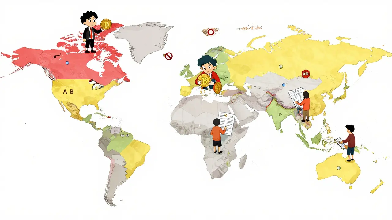 Cartoon map showing global crypto regulation differences
