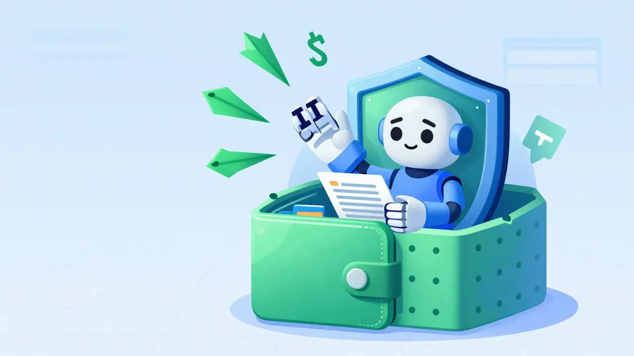 Cartoon showing a secure wallet protected from crypto scams and risks.