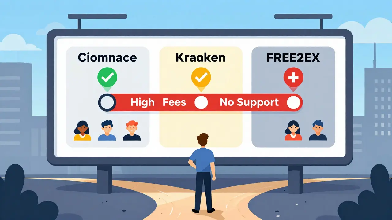 Cartoon showing a trader choosing safe exchanges over risky platforms with high fees.
