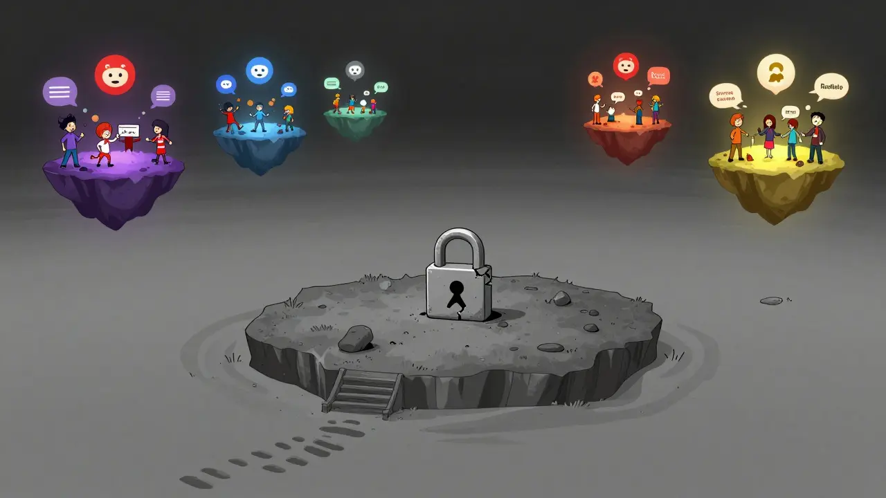 Cartoon showing an isolated, empty platform versus busy community hubs.