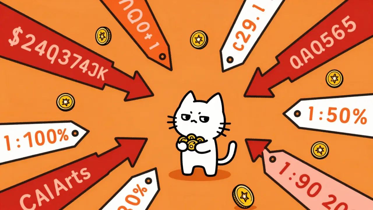 Cat surrounded by floating coins and arrows, symbolizing volatile prices.