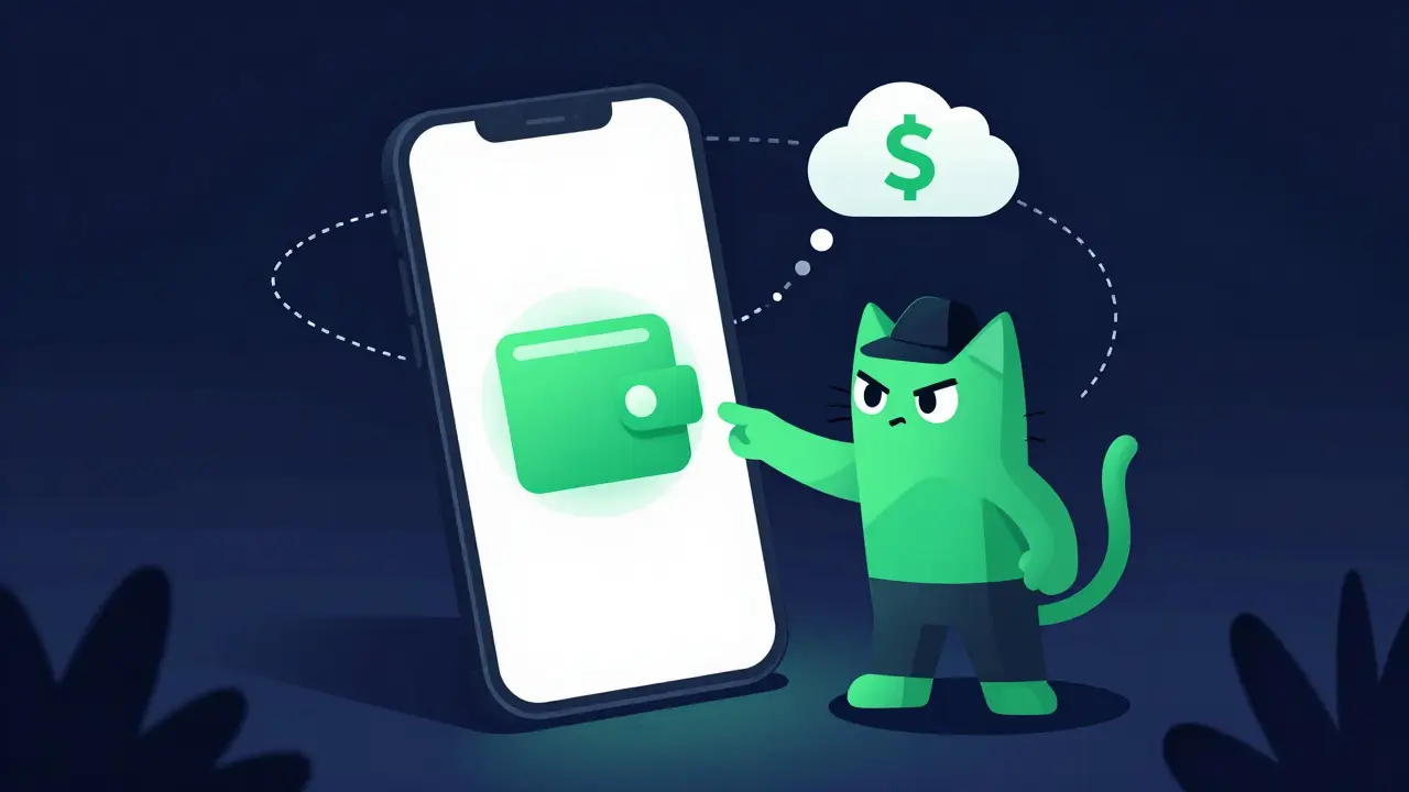 Cat using phone wallet app with Solana connection, highlighting crypto risks.
