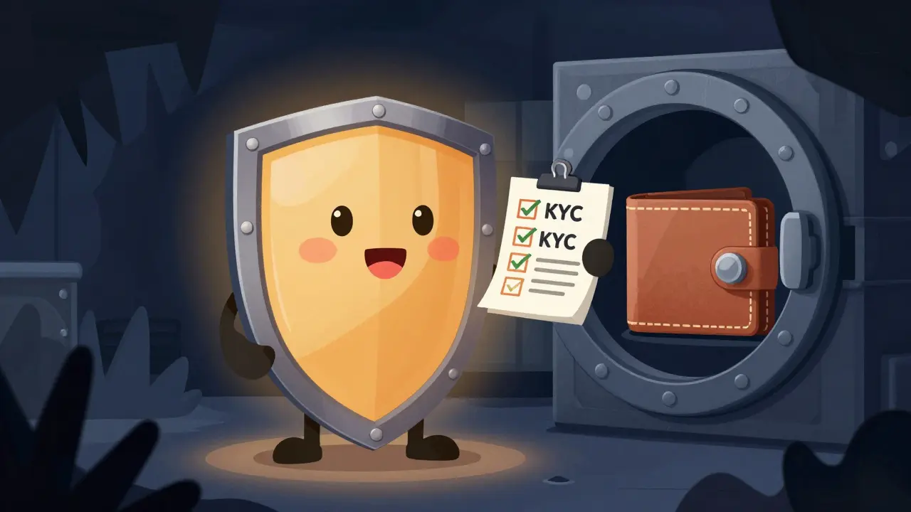 Character guarding wallet with shield against scam threats