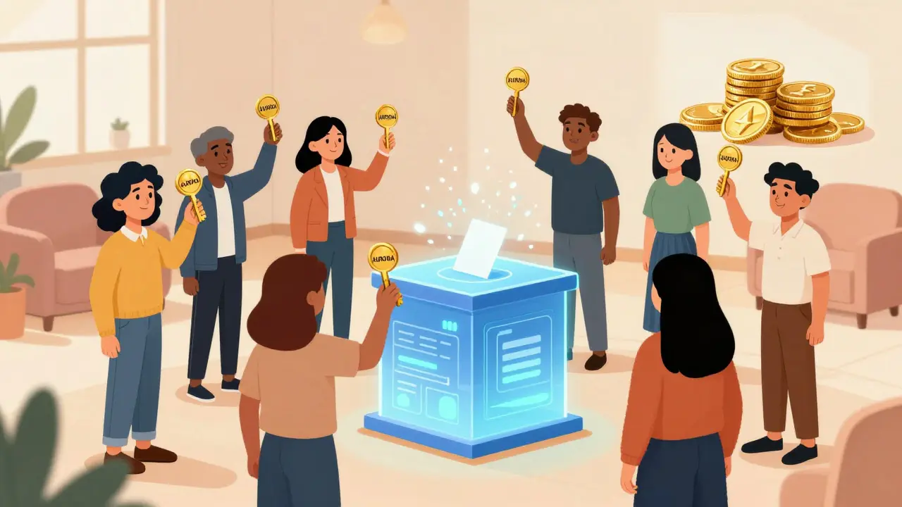 Characters holding AURORA keys voting at a podium while ETH sits aside.