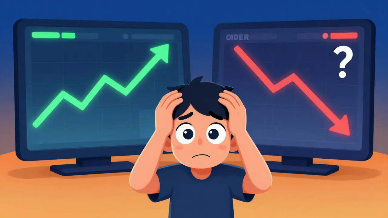 Confused cartoon character looking at two different crypto dashboards showing conflicting trends.