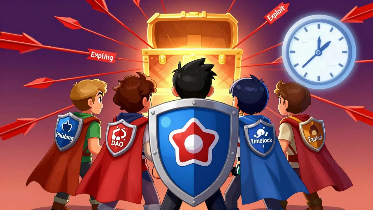 DAO members forming a shield to block cyber attacks and protect treasury funds.