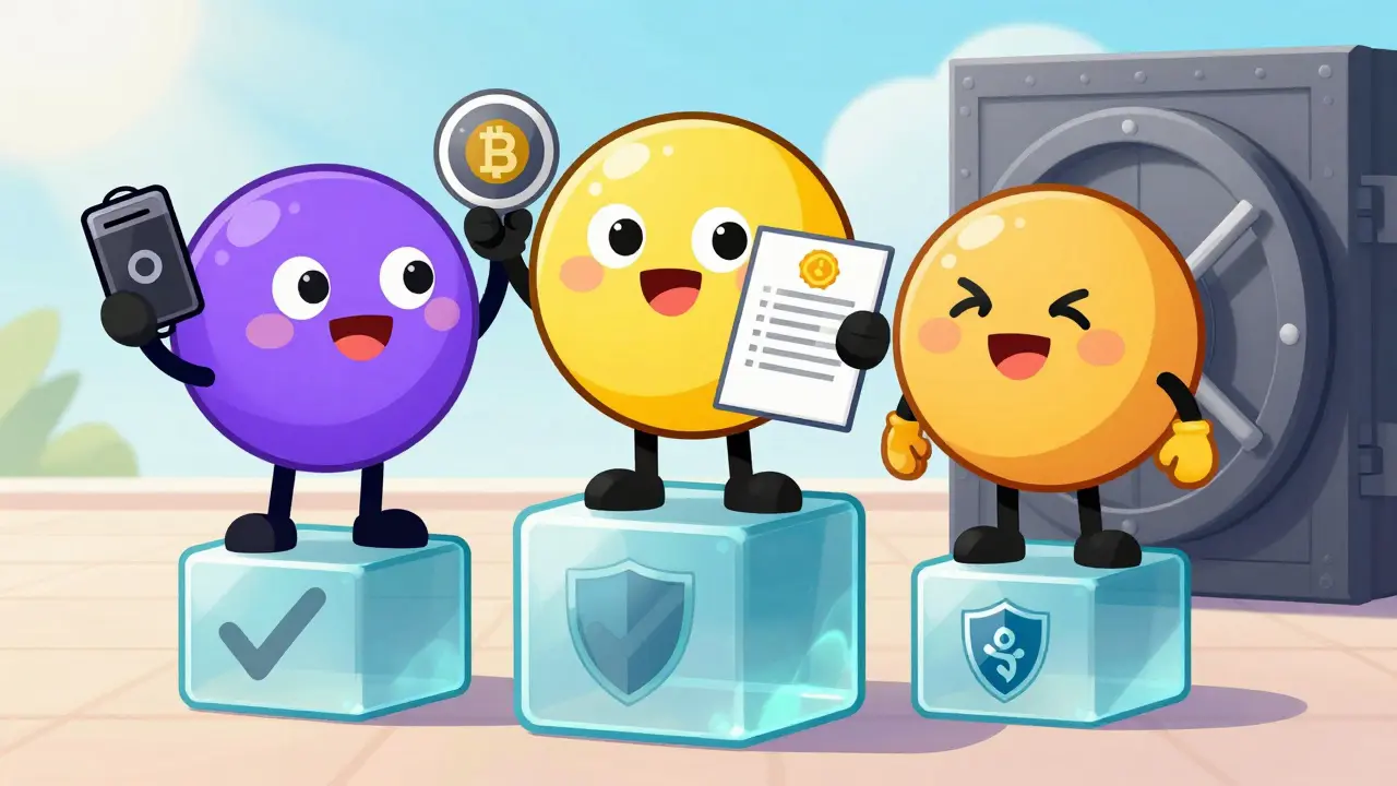 Friendly cartoon characters representing safe, regulated crypto exchanges.