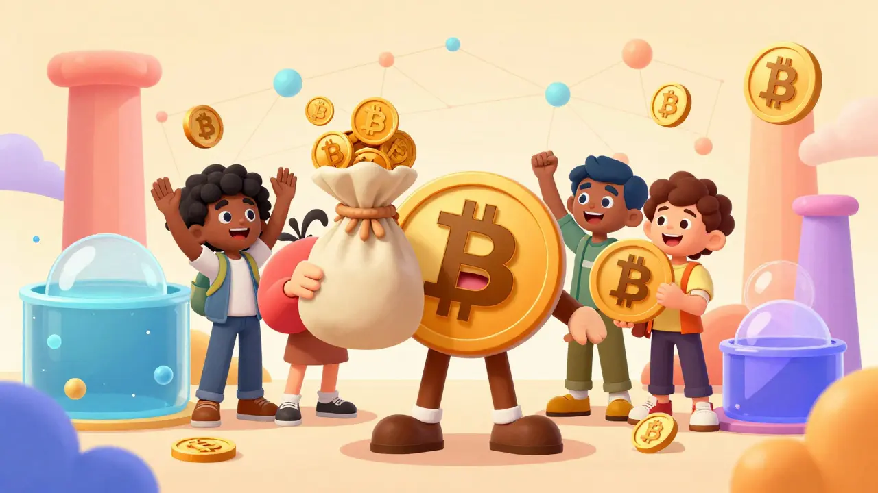 Happy Bitcoin character earning BB token rewards in a vibrant scene