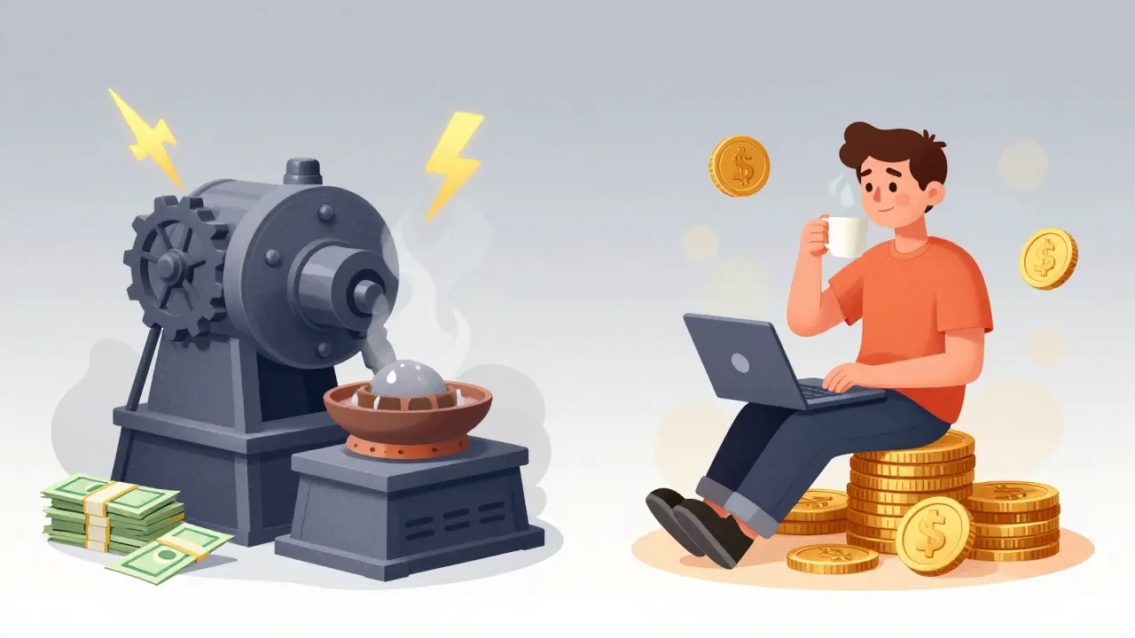 Illustration contrasting energy-intensive mining with efficient staking