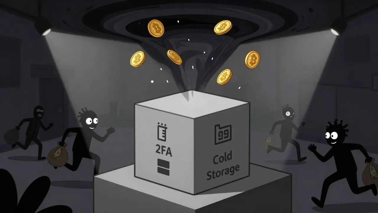 Illustration of a black box hiding crypto scams and disappearing funds.